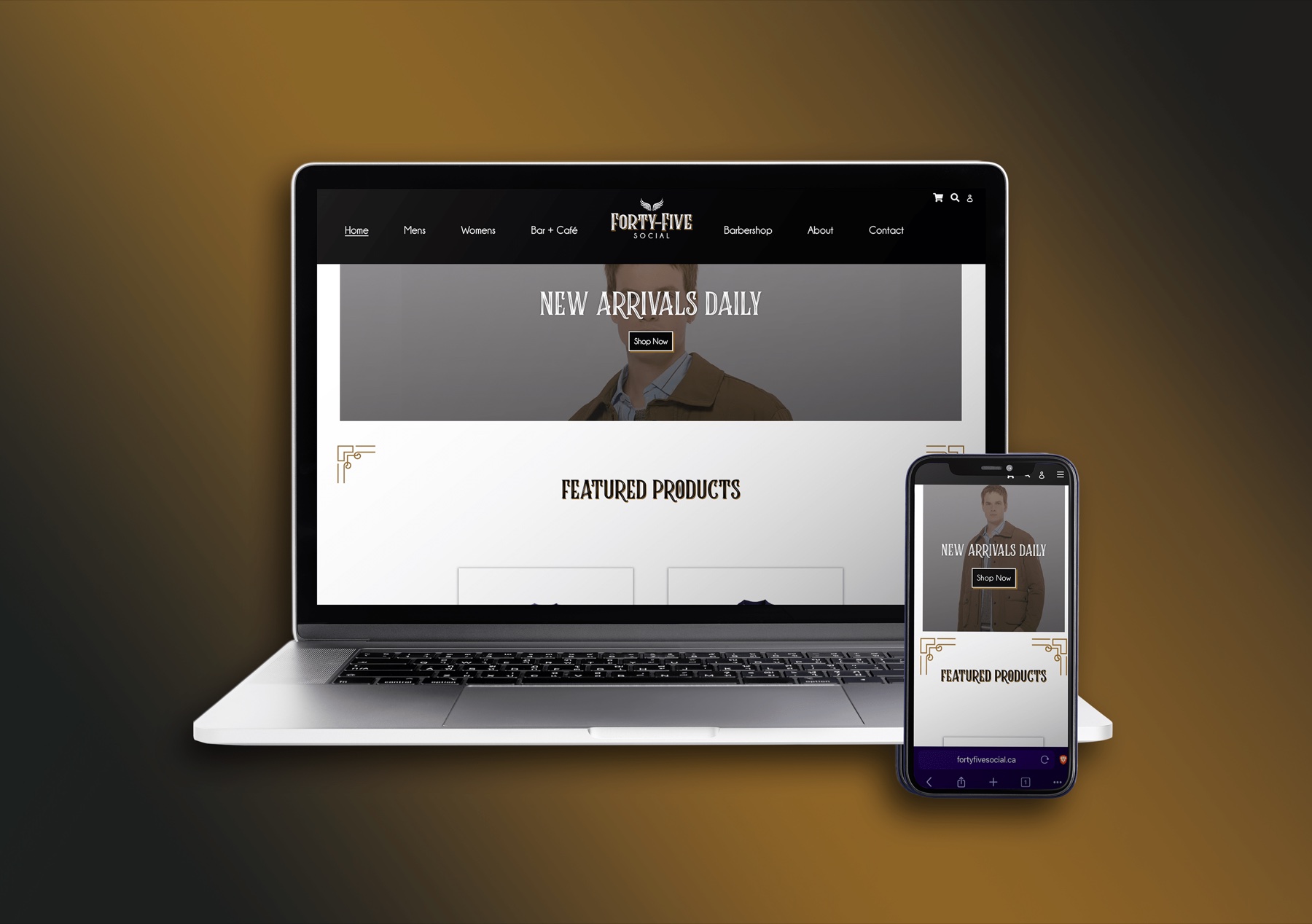 The previous Forty-Five Social homepage on laptop and phone: a plain light-themed layout with a New Arrivals Daily banner and a grid of featured products below