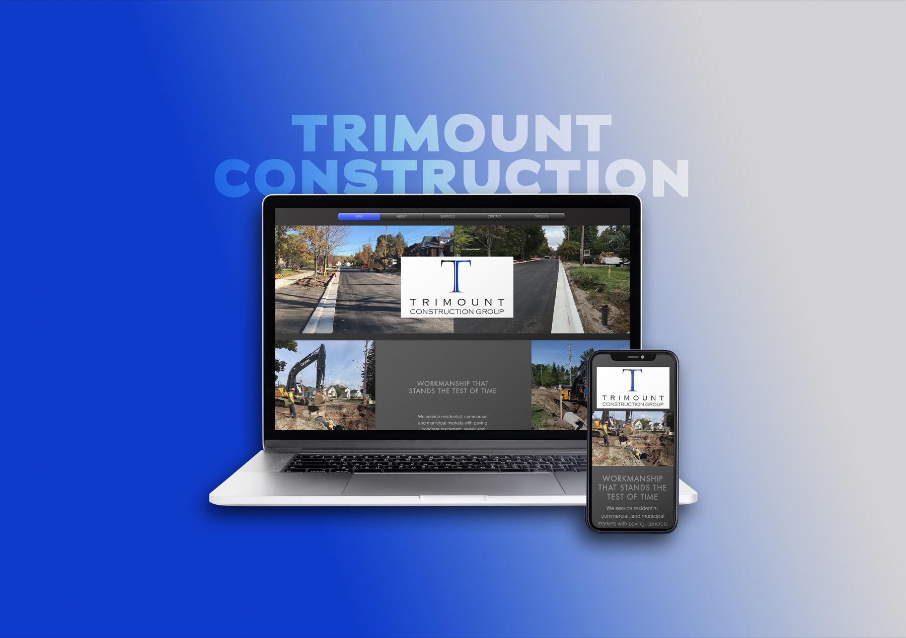 The previous Trimount Construction Group homepage: a grid of job site photos with the logo placed in the centre and grey body text in a grey panel below